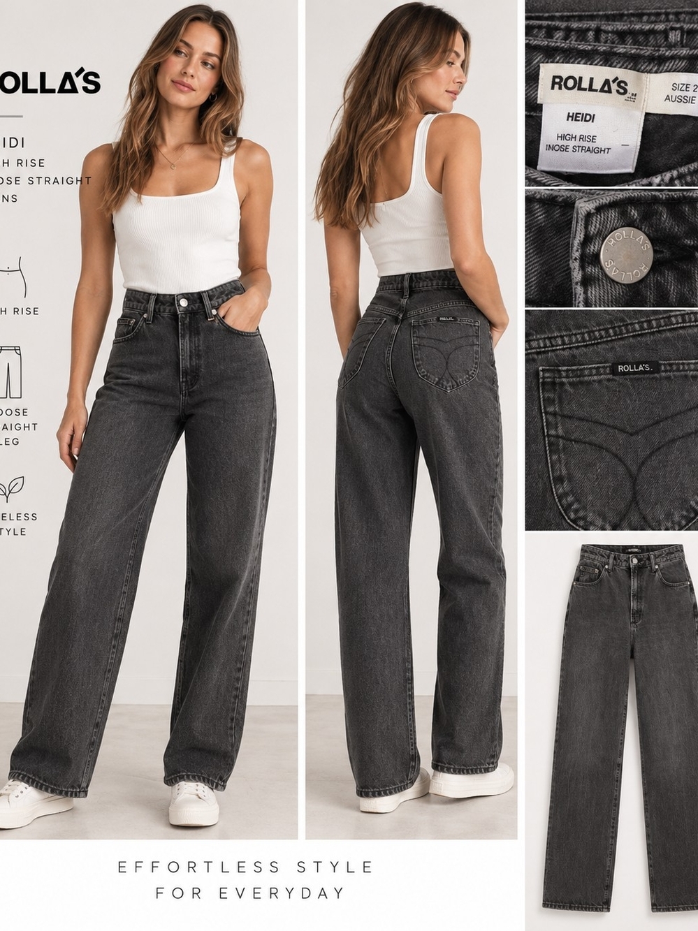 ROLLA'S Heidi High-Rise Straight Jeans — Washed Black